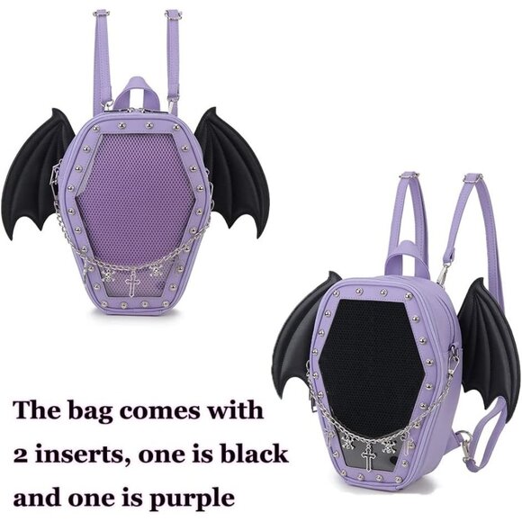 Gothic Coffin Shape Purse Handbag for Women Halloween Shoulder Bag Purple Wings - Picture 5 of 9